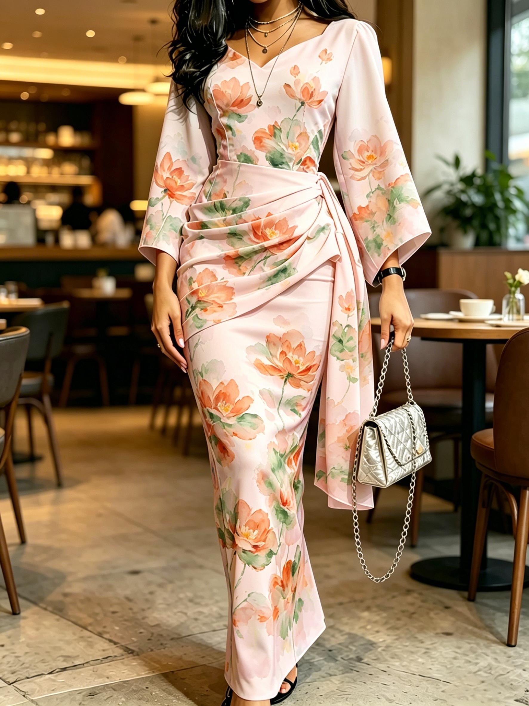 Women Pink Floral Print Maxi Dress Kimono Sleeve V Neck Ruched Wrap Waist Bodycon Elegant Dress XS
