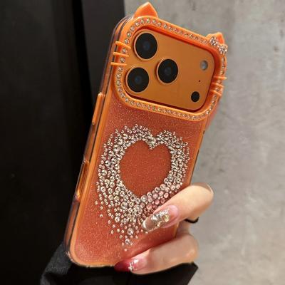 Diamond Cat Ear Cover Funda For For Iphone 17 Pro Max 16 Pro Rhinestone Heart Cases For For Iphone 1 ProMax 14Pro 13Pro Shockroof Case