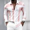 Men's Black and White Geometric Coarse Stripe Printed Long Sleeved Lapel Shirt, Retro Slim Fit Shirt, Trendy Casual Men's Top