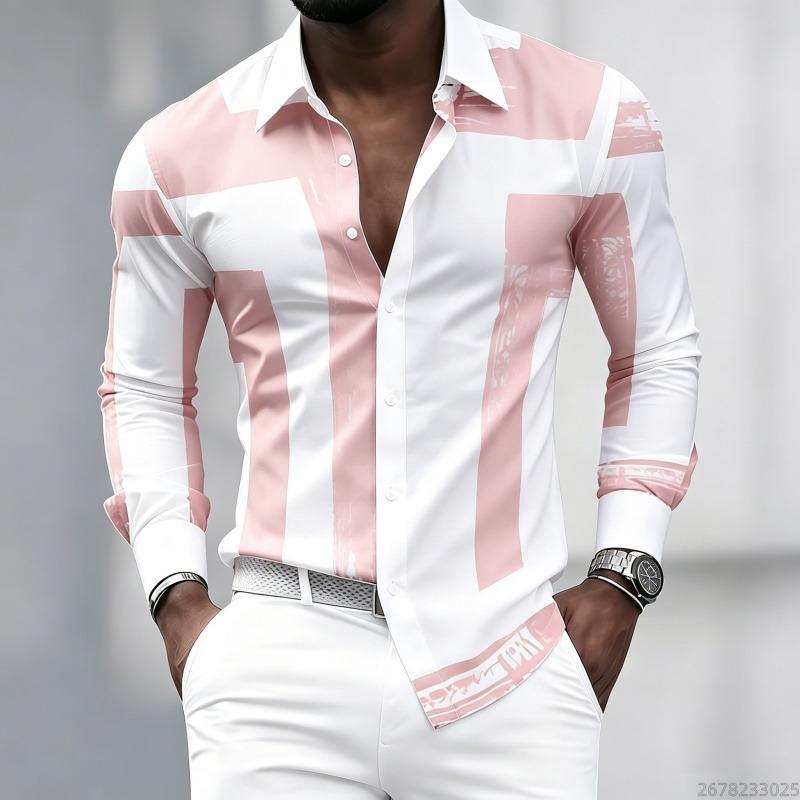 Men's Black and White Geometric Coarse Stripe Printed Long Sleeved Lapel Shirt, Retro Slim Fit Shirt, Trendy Casual Men's Top
