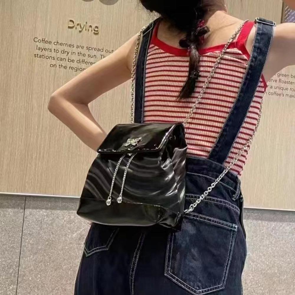 Chain backpack, Xiaoxiangfeng Y2K sweet and cool Spice Girl 2023 new mercerized leather high-end black backpack bag for women