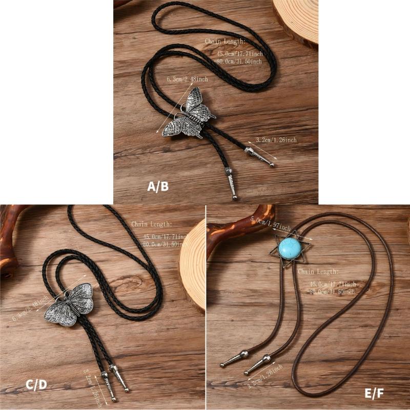 Bolo Tie Cowboy Costume Accessory for Men and Women Adjustable Length Vintage Metal Butterfly Pendant Necktie Necklace