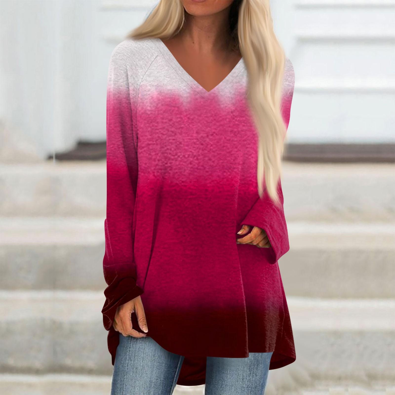 

Женская осенне-зимняя повседневная длинная свободная футболка с длинными рукавами и v-образным вырезом с цветными блоками, топ S красный