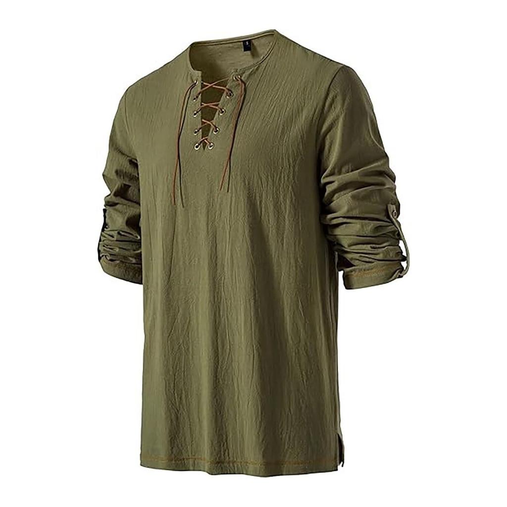 Men's Casual And Fashionable Cotton And Linen Solid Color Round-neck Long-sleeved