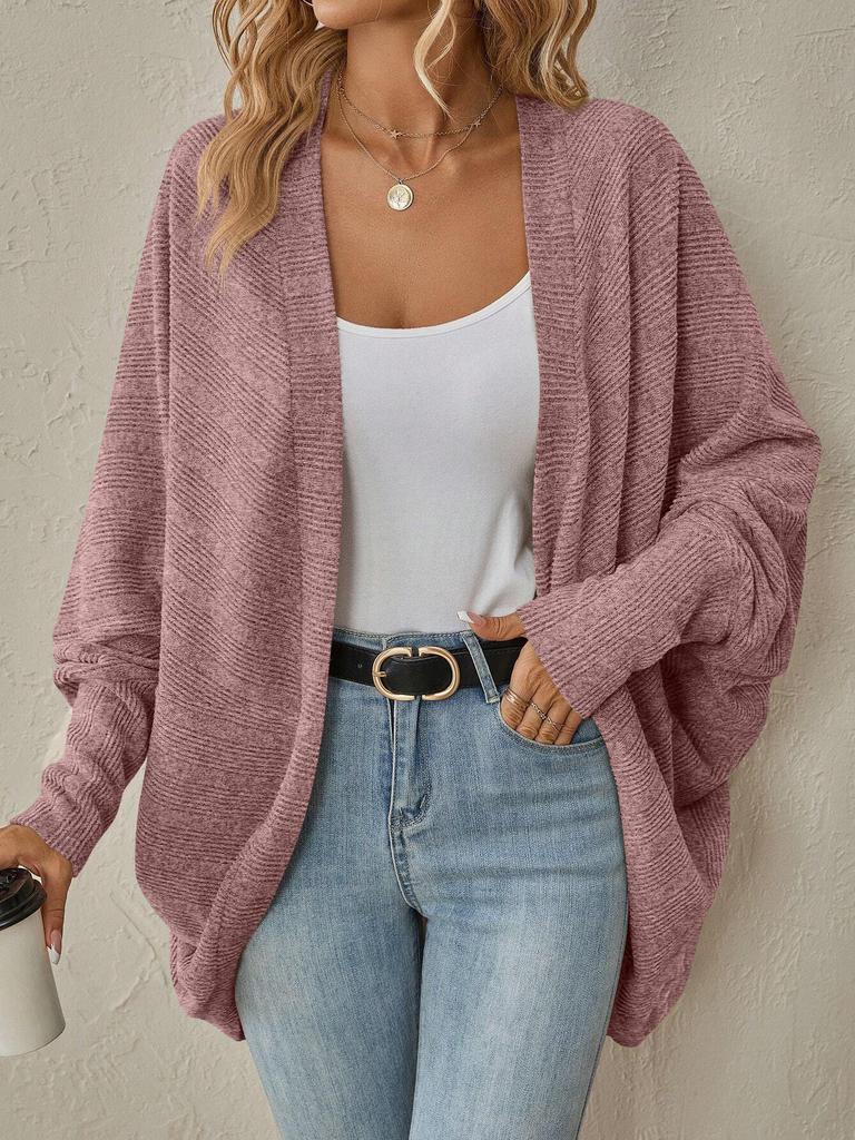 Cardigan en maille ouvert sur le devant pour femme, manches chauve-souris longues, coupe ample, couleur unie, pull décontracté d'automne