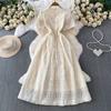 High Quality Runway Design Embroidered Beaded Round-Neck Wedding Dress for Women Summer Lace Crochet Slim Pleated Dress