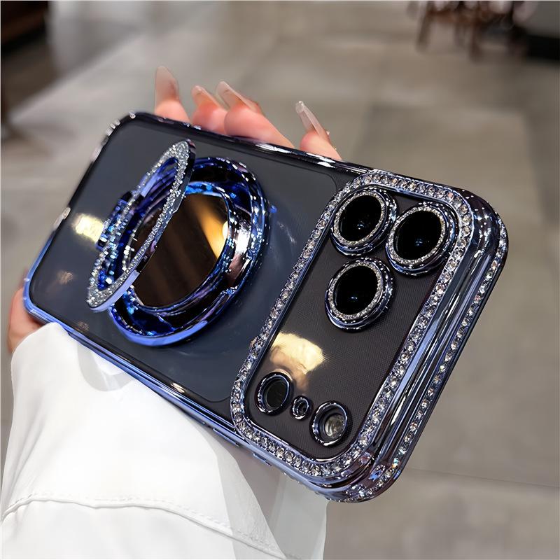 The new iPhone17 bracket magnetic mobile phone case is suitable for Apple 16 rhinestone mirror 15 Pro Max protective case.