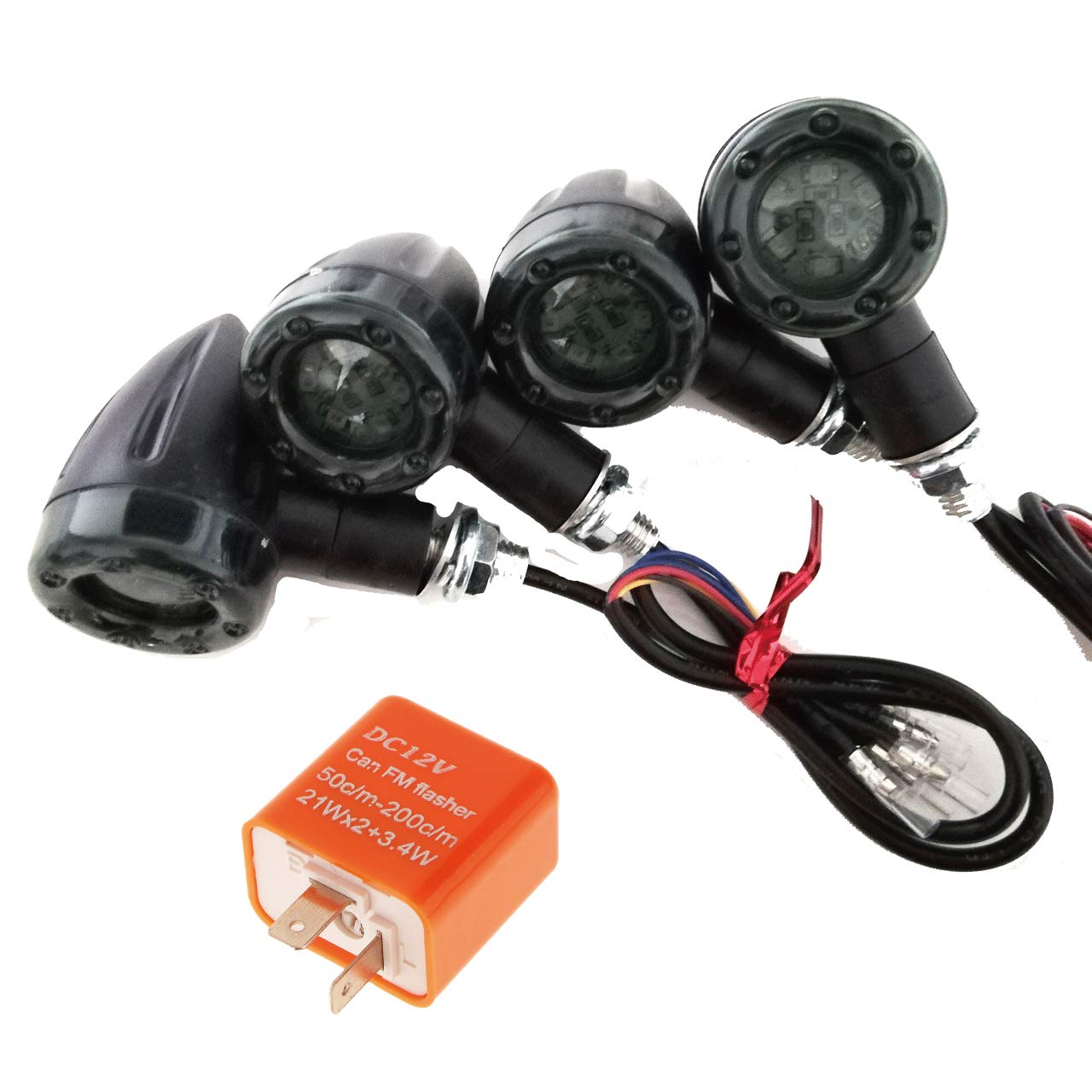 

Hiro World Trade Motorcycle LED Bullet-Shaped Turn Signal Lights (Front, Rear, Left, and Right) - Set of 4 with Brake Light Relay (2-Pin Type)