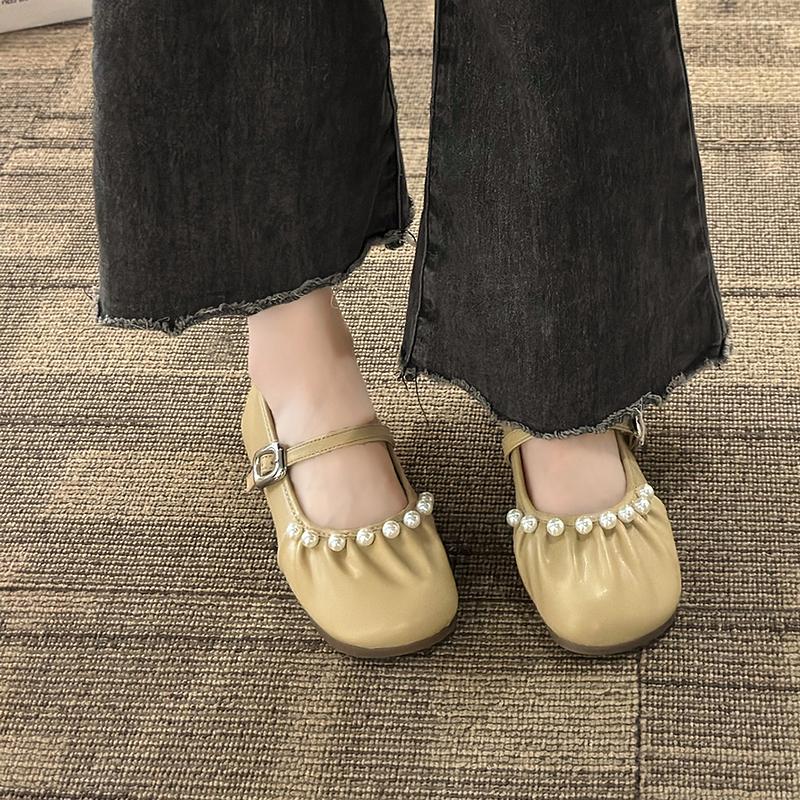 Mode Damen Große Größe Flache Schuhe Herbst Bargeld Runden Kopf Flachen Mund Perlen Linie mit Weicher Sohle Einzelnen Schuhe