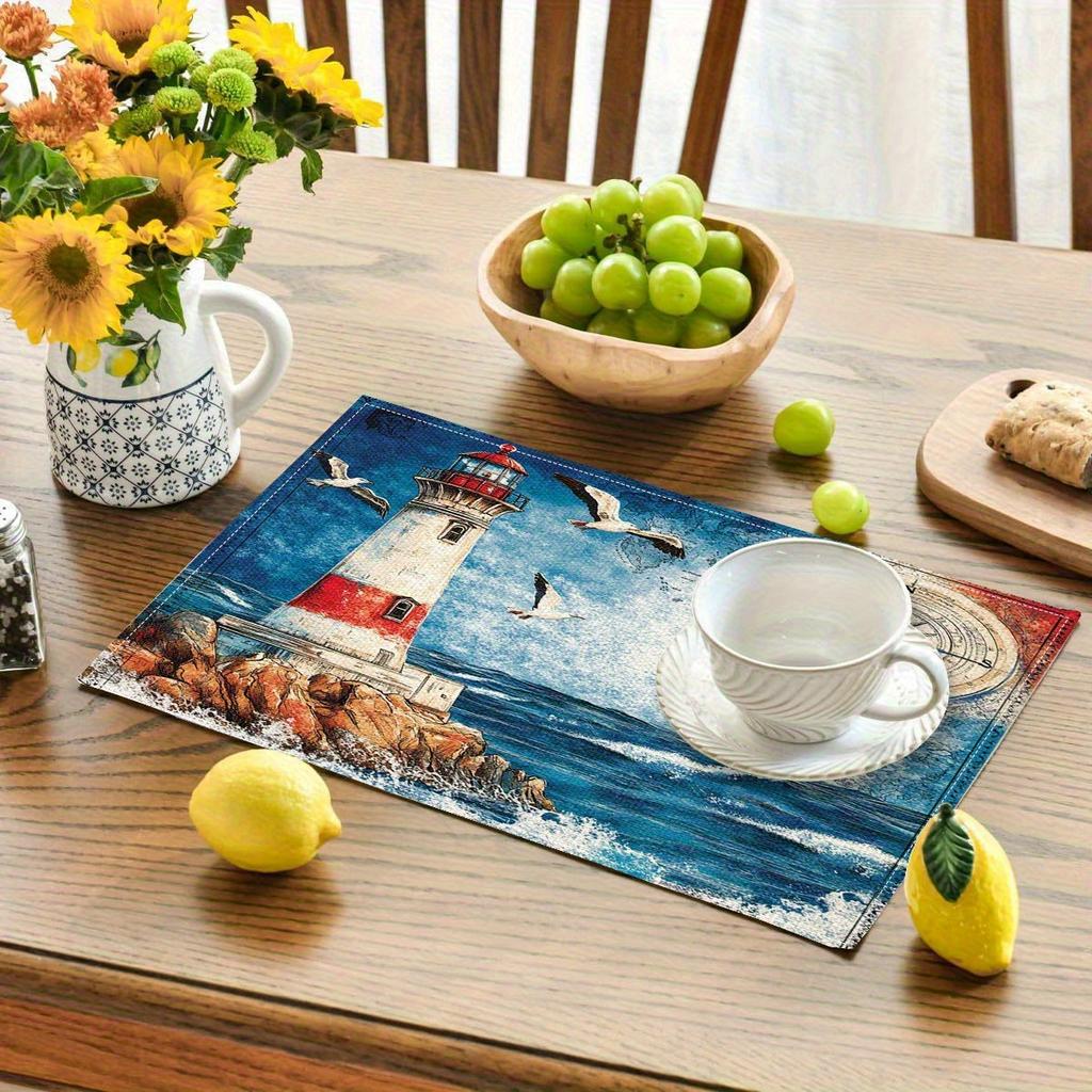 4er-Set Leinen-Tischsets, Design mit Leuchtturm, Möwe und Kompass, Perfekt für die Dekoration des Esstisches zu Hause, für Küche und Feiertagspartys, 12x18 Zoll