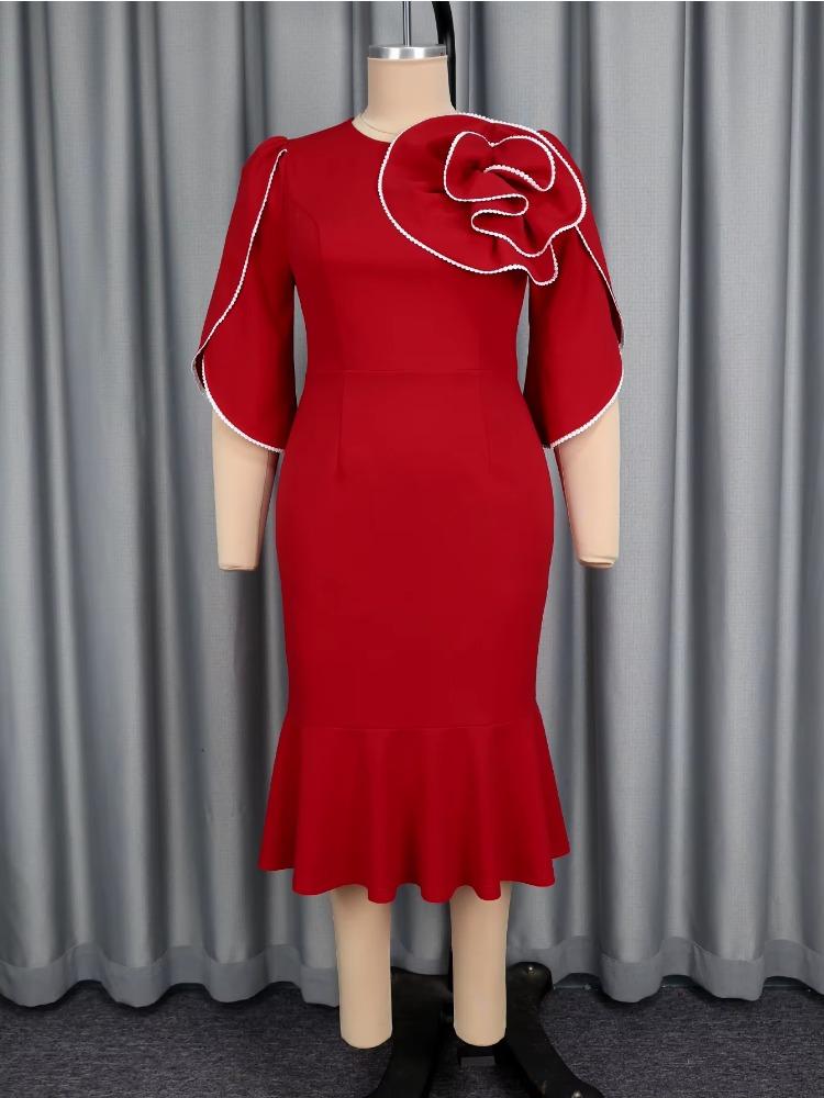 Red Three-dimensional Flower Contrast Color Decoration Ruffle Waist Fishtail Dress Elegant Slim Fit Women Dinner Party Dress