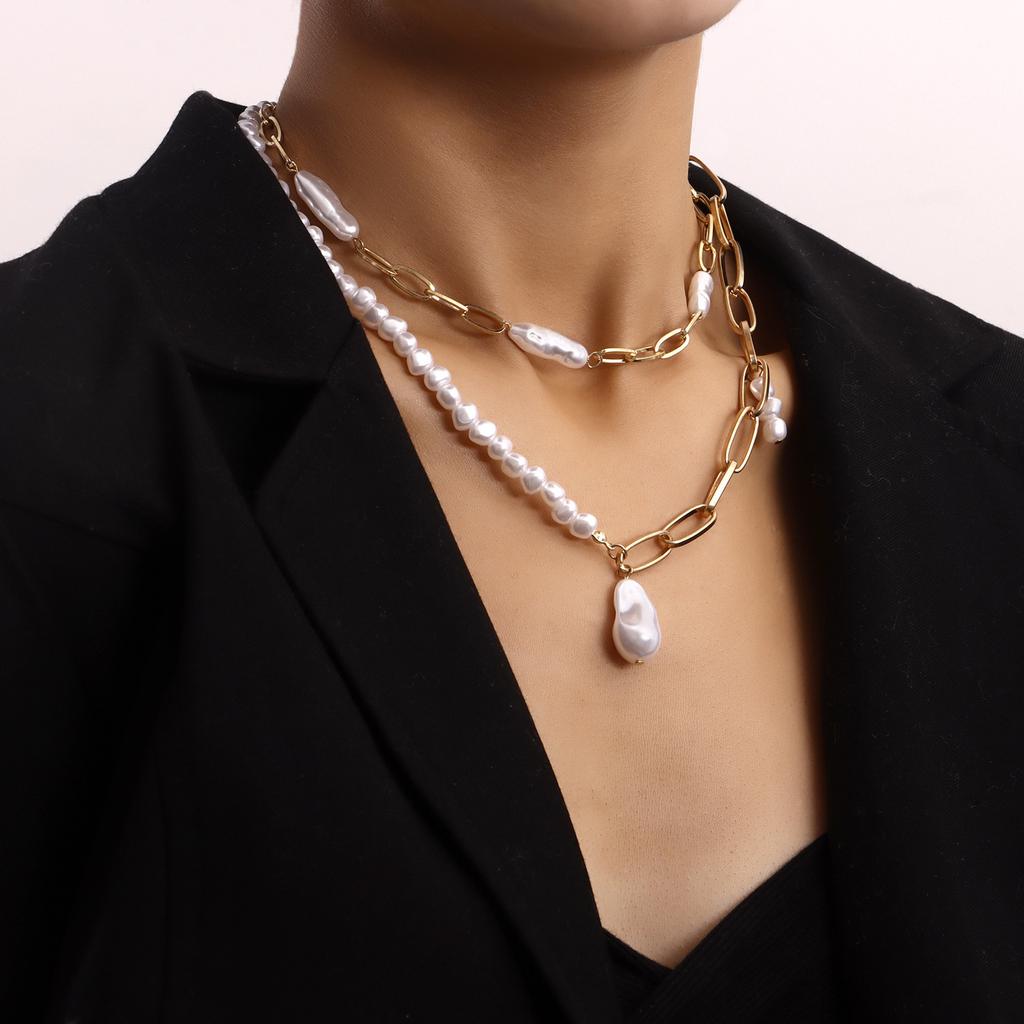 Europe, America, double-layer paperclip chain, special-shaped pearl pendant, necklace, women's trendy small fragrant style women's necklace.