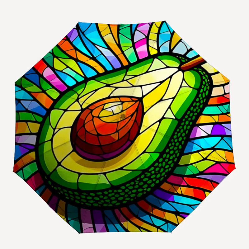 

1pc Stained Glass Avocado Automatic Folding Umbrella with 8-Rib Windproof Design, Portable Foldable Sunshade Umbrella For Halloween 032