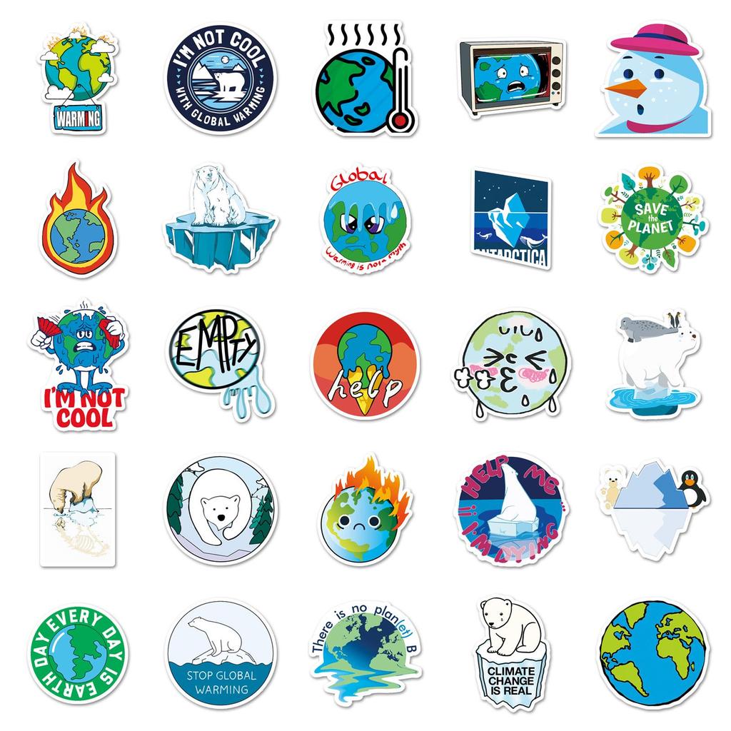 50 Global Warming Graffiti Stickers for Kids - Environmental Protection, Decoration, and Skateboard/Luggage Personalization