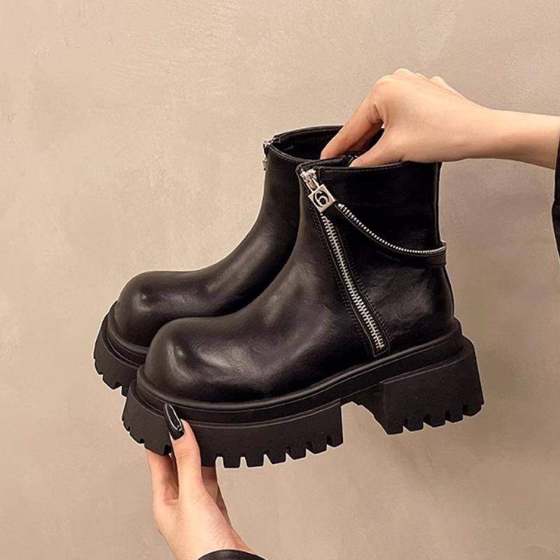 Soft Leather Diagonal Zipper Fashion Boots, Thick Soled Sponge Cake, Small Stature 6cm Chimney Boots, Chelsea Boots for Women