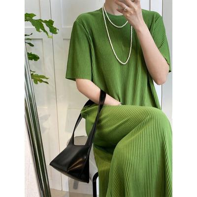Summer Pleated Screw Thread Women T-shirt Dress Large Size Casual Over The Knee Solid Color Office Lady Comfortable Dress