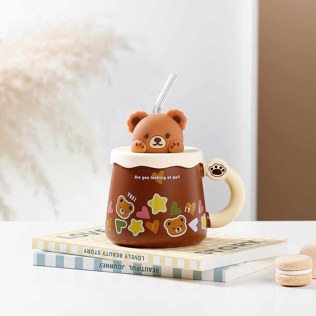 High Value Bear Straw Cup with Handheld Ceramic Cup Cute Creative Personality Mug Breakfast Milk Cup Office Cup