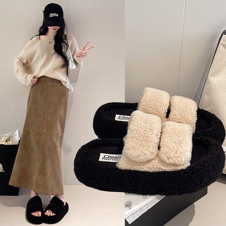 Lamb Wool Thick-soled Heightened Wool Slippers Female Outer Wear Fairy Wind 2025 New Autumn and Winter Super Fire Warm Cotton Slippers