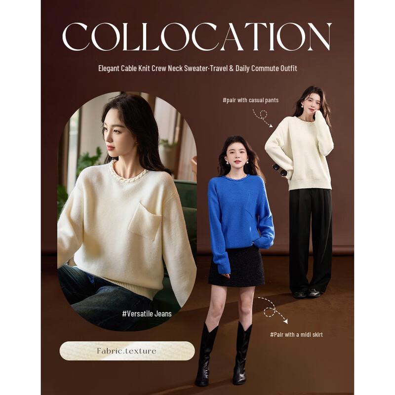 Demana Women's Petite Elegant Cable Knit Round Neck Sweater