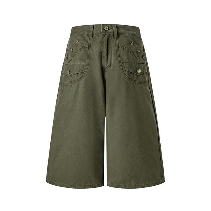 Fashion High Street Vintage Button Detailed Navy Blue Cropped Capri Cargo Pants For Women Loose Wide Leg  Versatile Slimming FigureFlattering Bottoms