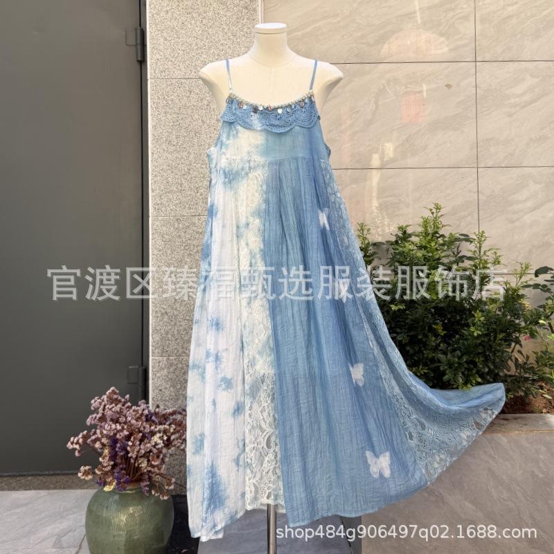 Хлопковое макси-платье с кисточками, окрашенное в технике тай-дай, индиго One Size