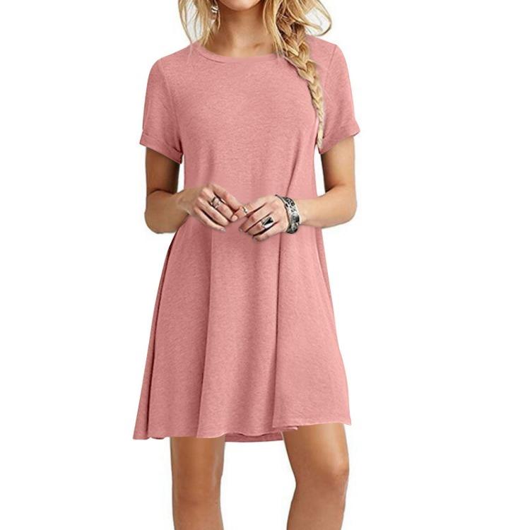 Summer Women Loose Solid Color Dress Short Sleeve Round Neck Large Size