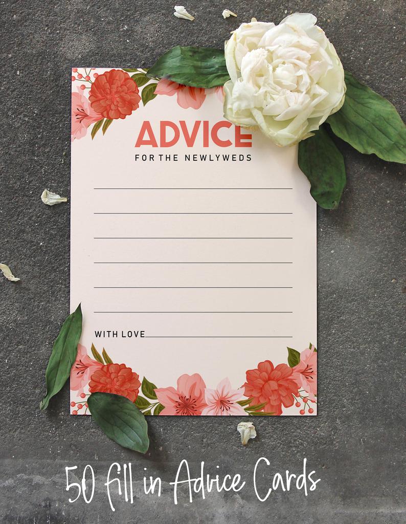 Inkdotpot Set of 50 Advice for The Newlyweds, Floral Advice Cards for Bride & Groom, Perfect Addition to Your Wedding Reception Decorations 5x7 inches