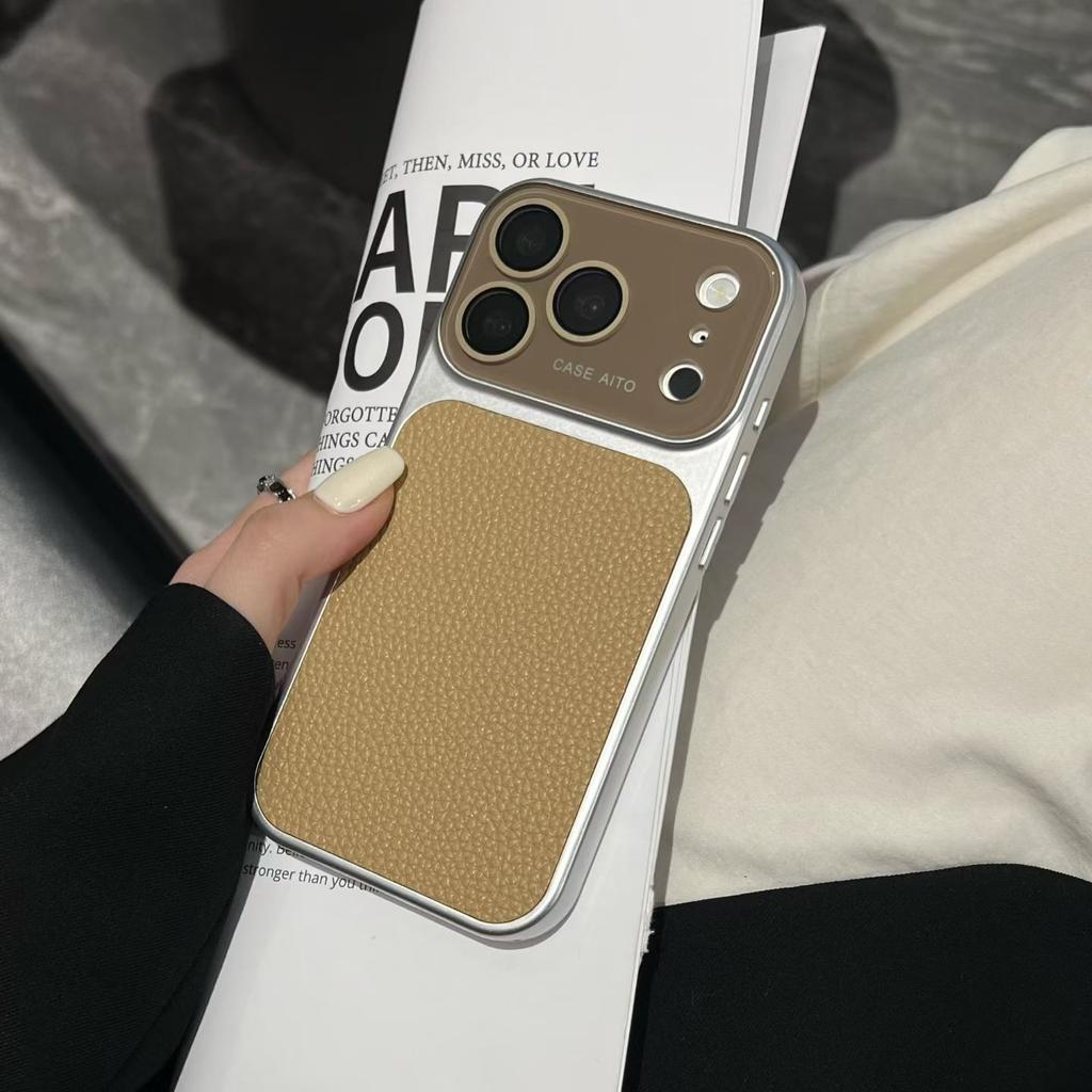 Applicable To iPhone17PRO Lens Large Window Lychee Leather Pattern Mobile Phone Case Apple 15 Business Case Lychee Pattern