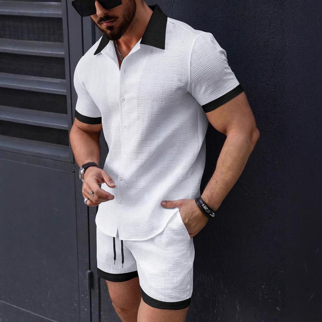 Set da Spiaggia da Uomo Camicia Casual a Blocchi di Colore Maniche Corte Pantaloncini
