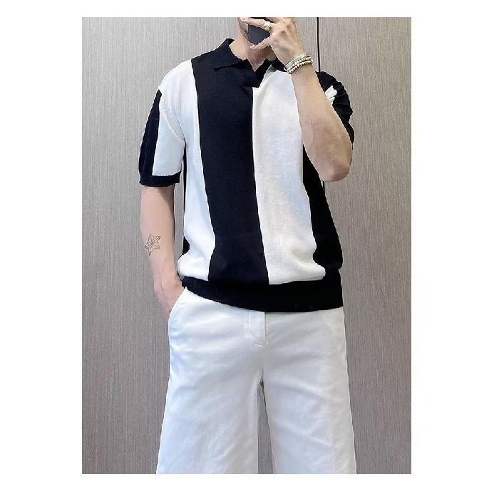 Ice Silk Short Sleeve T-Shirt for Men Korean Style Trendy New Summer Color-Block Personality Tee Slim Fit Knitted Round Neck Short T-Shirt for Men