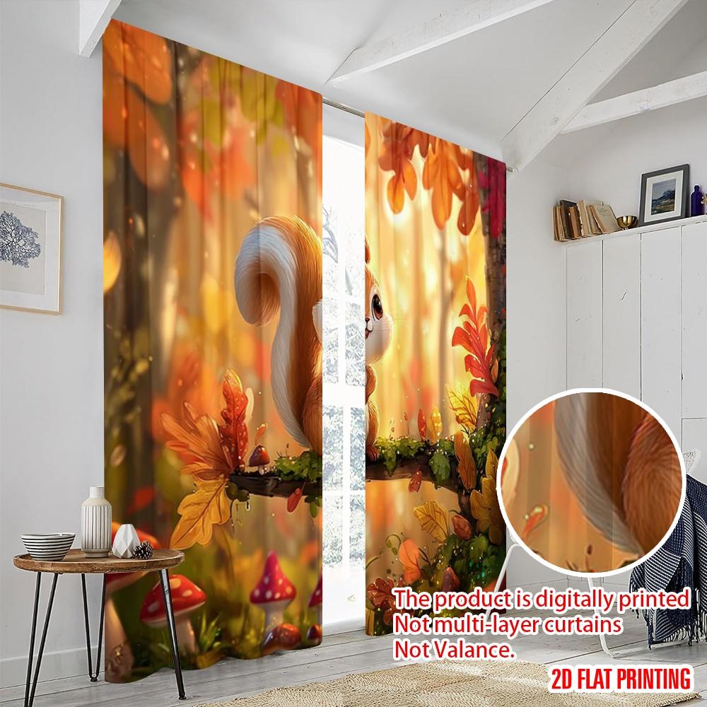 2pcs,2D Plane Printing Window Curtain Squirrel In Autumn Versatile Fabric (without Rod) All Seasons Use for Living Room & Office