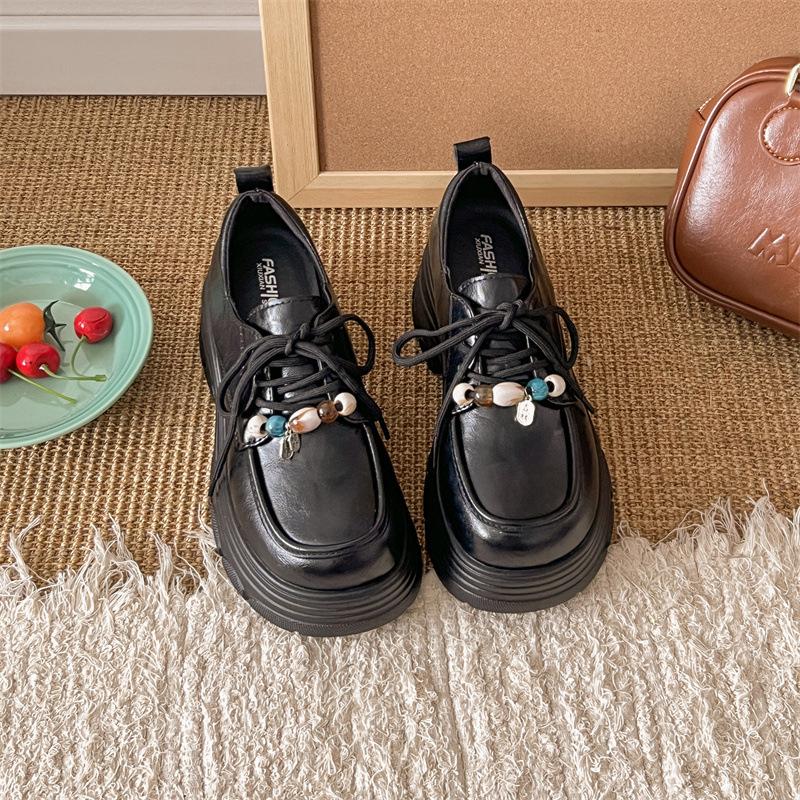 Thick Heel Loafers Lace-up Women's Shoes 2025 New Autumn British Style Small Leather Shoes Fashion Leather Shoes Versatile Casual Shoes