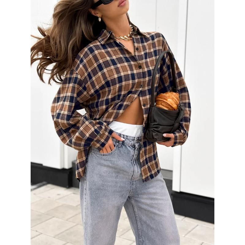 Women S Vintage Plaid Long Sleeve Loose Cardigan Shirt Summer Casual