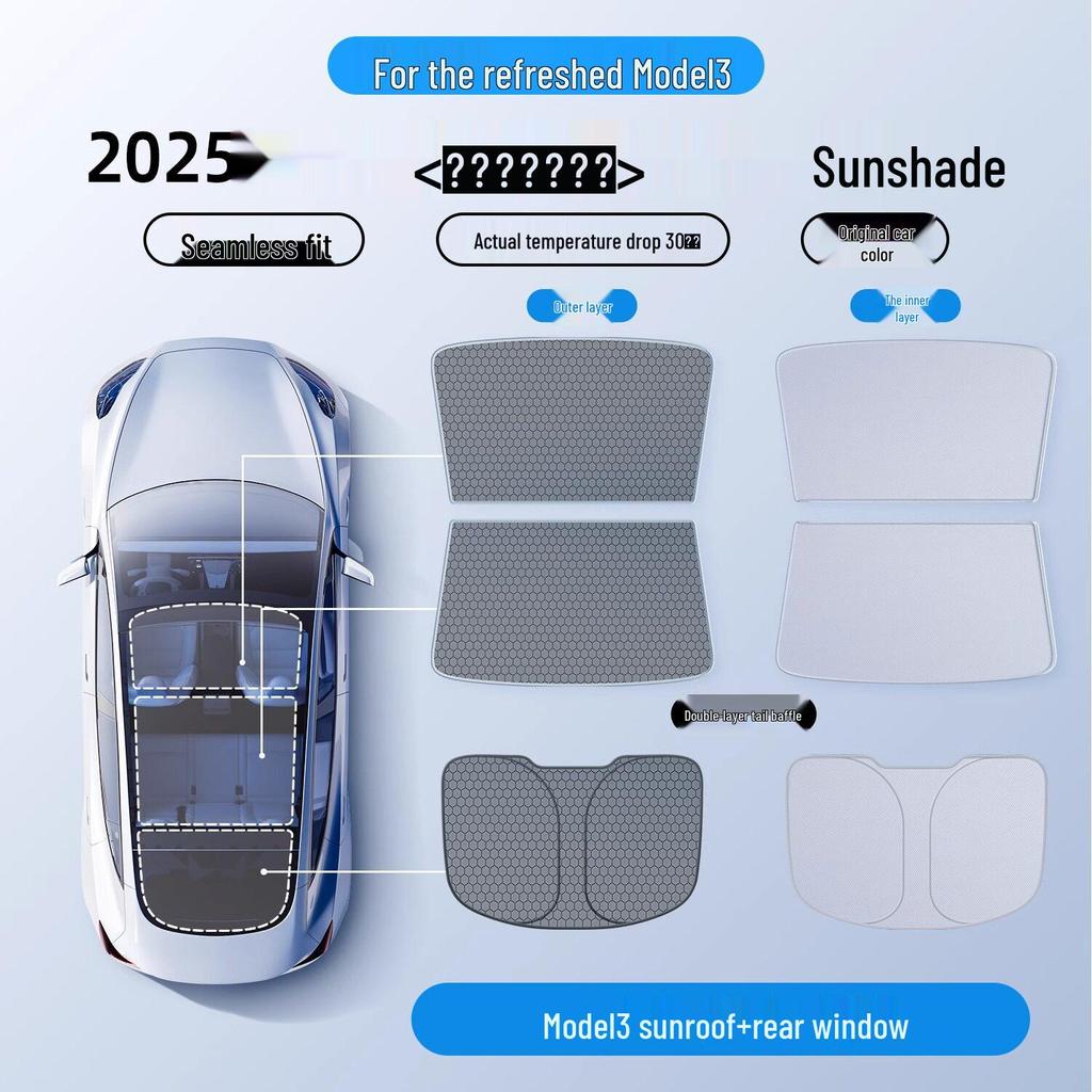 Compatible Sunshade for Tesla Model Y/3/YL: Sunroof, Front Windshield, and Rear Window Heat Insulation.