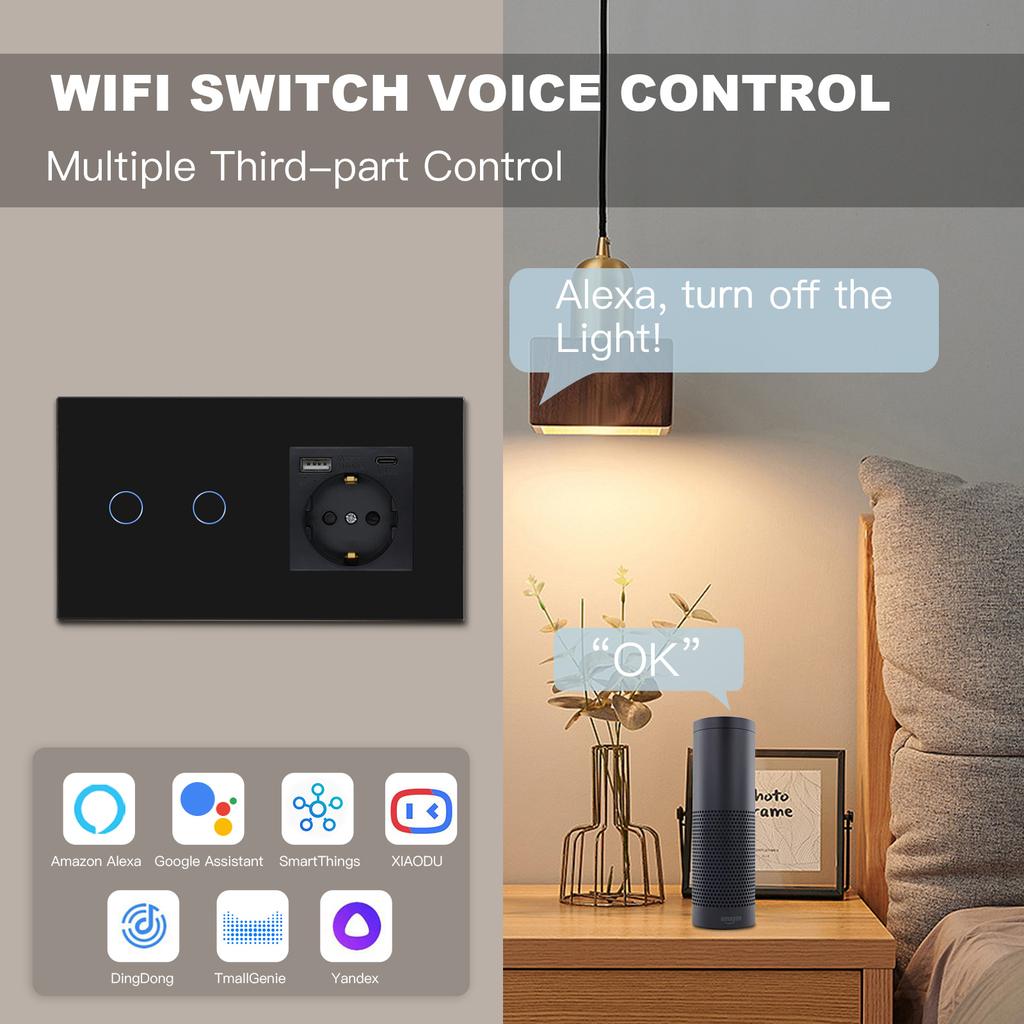 BSEED 1/2/3Gang Wifi Wall Touch Switches 2/3Way Smart Switch With 20W Type-C USB EU Socket Support Tuya Smart Life Google Alexa