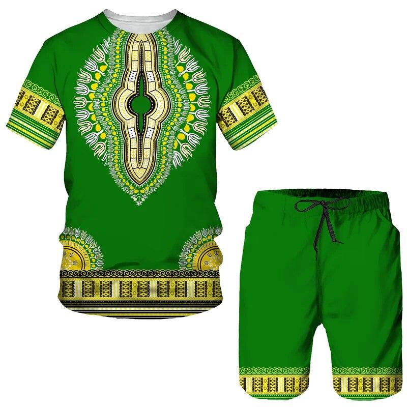 Set estivo da 2 pezzi T-shirt con stampa africana + pantaloncini Abito vintage Africa Dashiki Abiti stile etnico Uomo/Donna Tuta casual