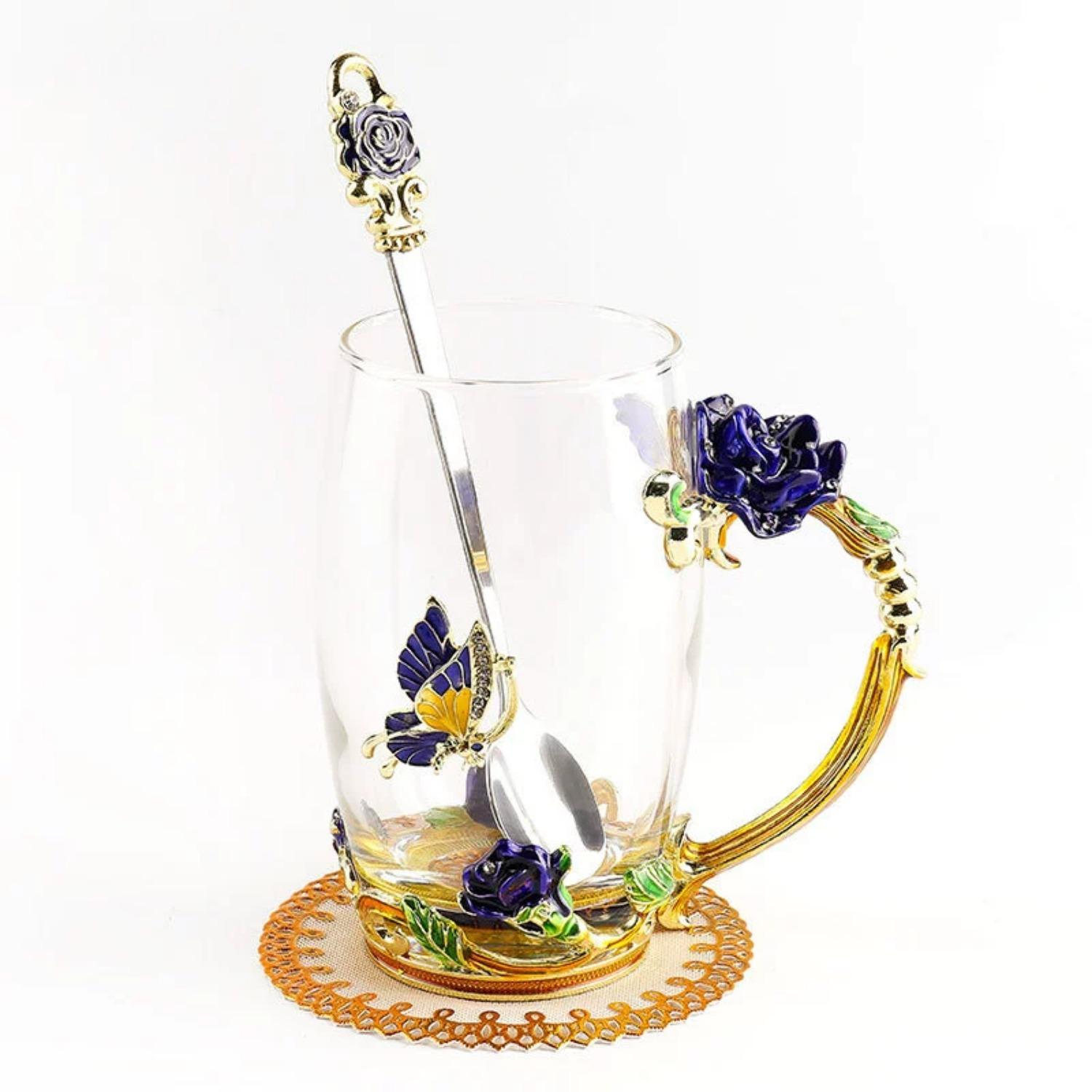 

Стеклянные кружки для кофе с эмалью в виде бабочки и цветка ручной работы, чайная чашка с ложкой, подарки на день рождения, Рождество для нее, женщины, мамы, подруги, учителя, валентинки Blue-L