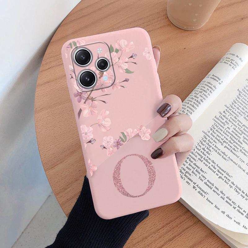 For Redmi 12 Note 14 Pro Phone Case Pink Flowers Initial Letter A To Z Silicone Soft Back Cover Alphabet Coque Shell Couple Capa