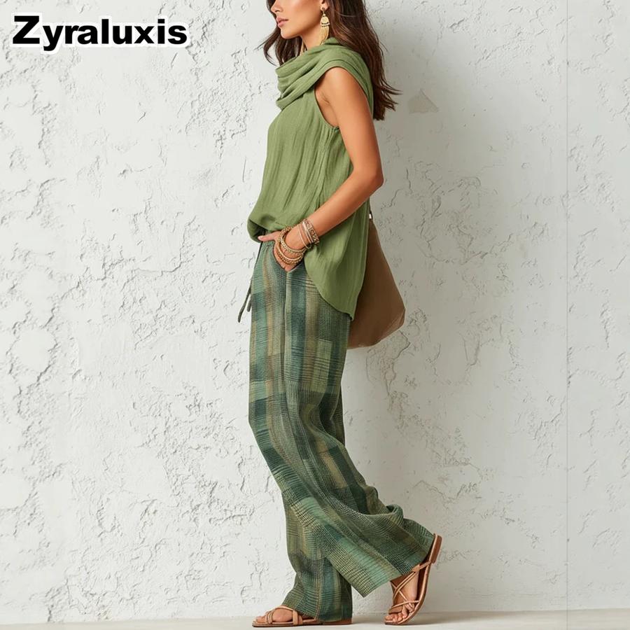 New Retro Casual Fashion Women's Sleeveless Top and Plaid Pants Set