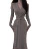 2025 Women's V-neck Tie-up Long Sleeve Knit Dress - Autumn Slimming Midi Skirt