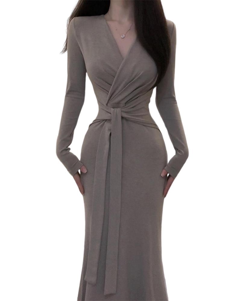 2025 Women's V-neck Tie-up Long Sleeve Knit Dress - Autumn Slimming Midi Skirt