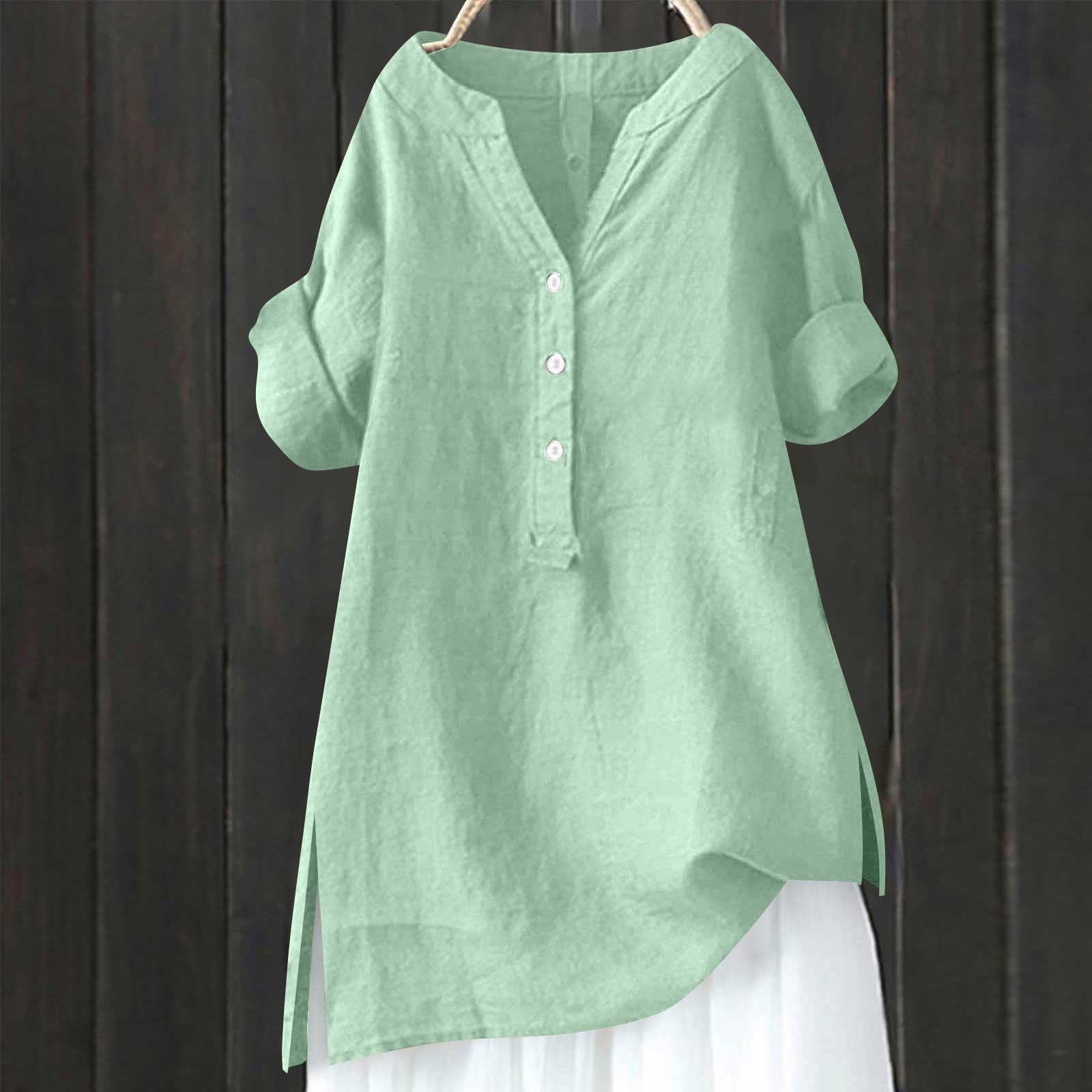 

Women s Fashionable V-Neck Button-Down Hem Split-Front Cotton-Linen Short-Sleeved Casual Pullover T-Shirt XXL