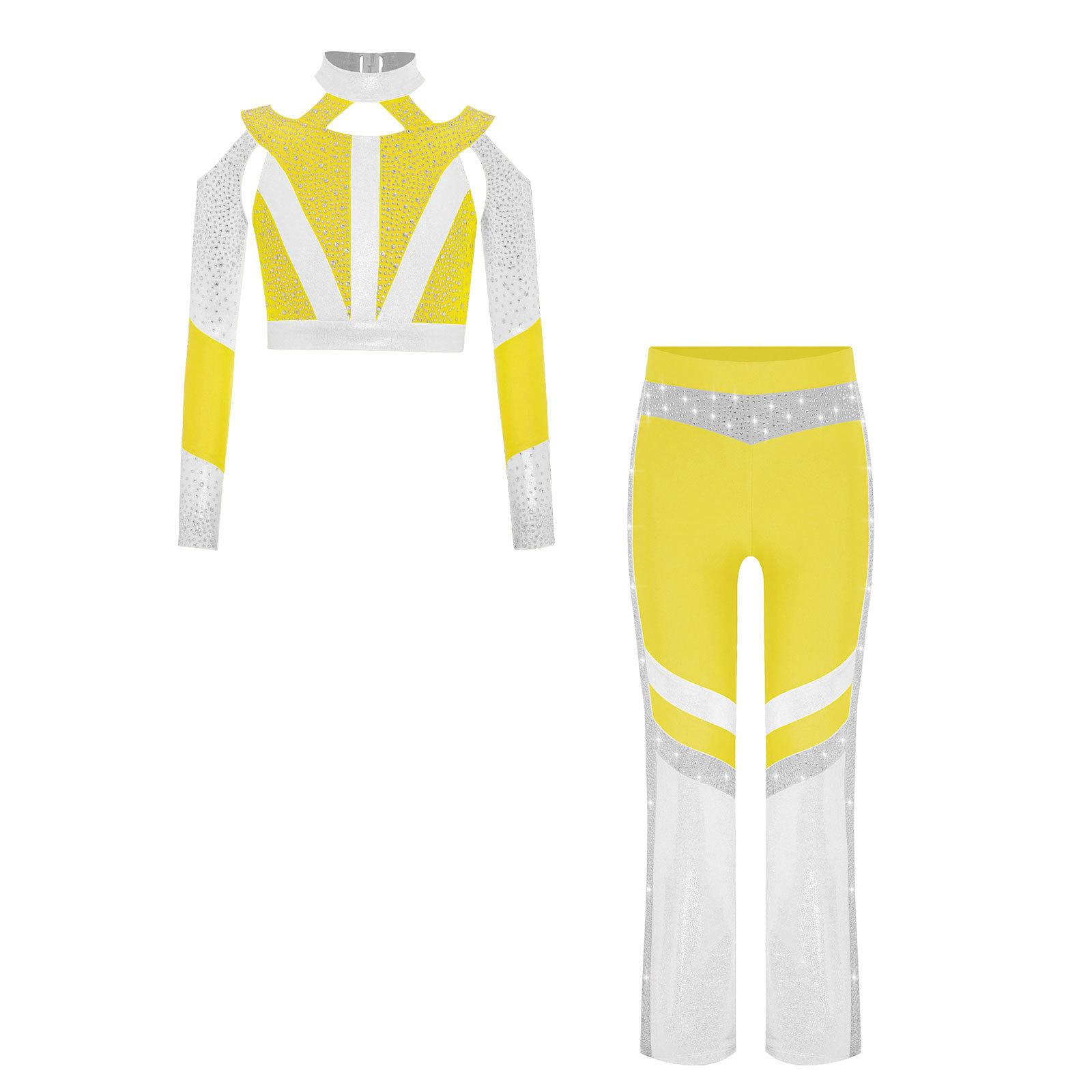 

Girls Gymnastics Costume Long Sleeve Shiny Top Rhinestone Color Block Cross Back Flared Pants 5-6 Years флуоресцентний жовтий колір