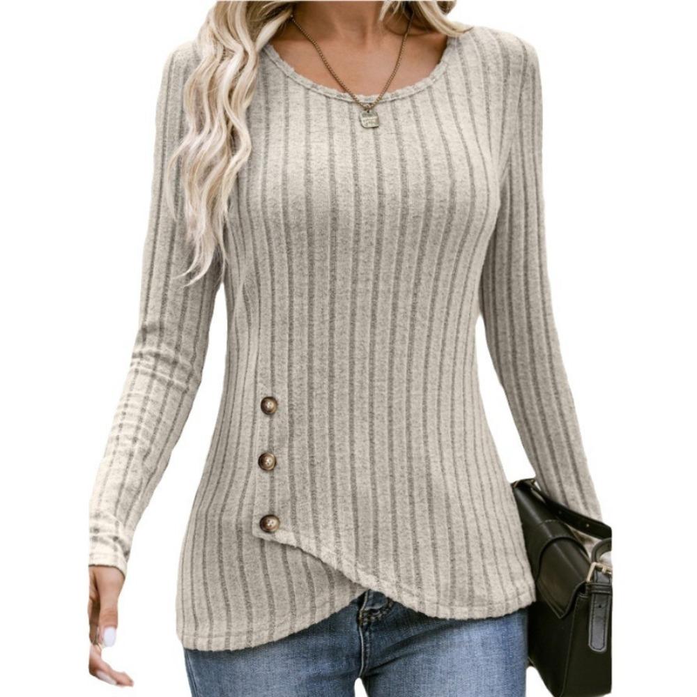 Women's Long-sleeved V-neck Top for Women's Buttons Asymmetric Knitted Base Shirt T-shirt for Women