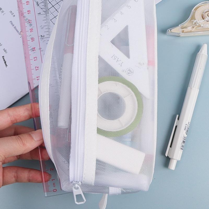Grid Mesh Pencil Case Large Capacity Stationery Organizer Clear Translucent Cosmetic Bag Storage Bag