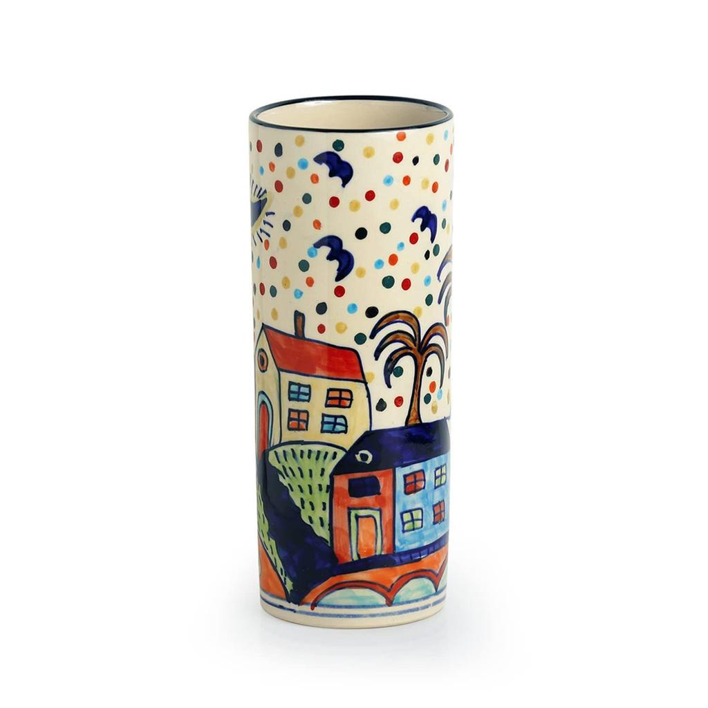 'The Hut Straight' Hand-Painted Artifacts for Living Room & Home Decorative Ceramic Flower Vase