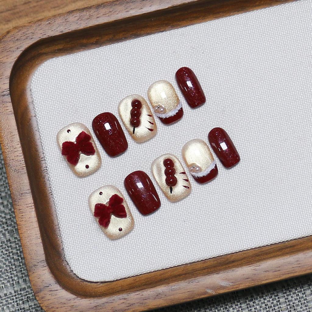 Tanghulu Handmade 3D Cat Eye Red Bow Nails
