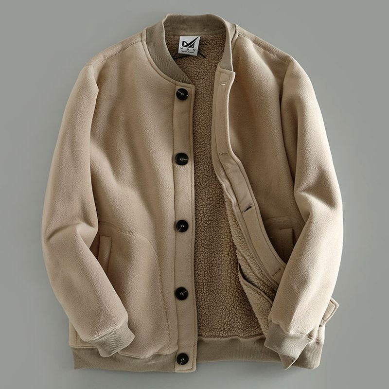 Very Warm Double-Sided Fleece Jacket, Winter Thickened Fleece Baseball Collar Sweatshirt, European and American Style Solid Color Men's Jacket, Trendy