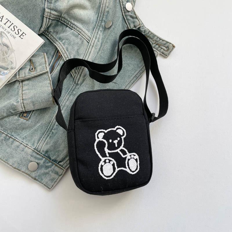 Cute Bear Embroidery Shoulder Bag for Women, Versatile Single Strap Crossbody Phone Pouch, Casual Student Canvas Handbag