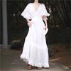 Johnature Women Vintage Tierred Dress V-Neck Short Sleeve Solid Color Summer Patchwork Casual Female Dress